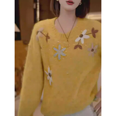 批发设计感钉珠手工钩花圆领毛衣女春季新款慵懒风宽松显瘦百搭针织衫