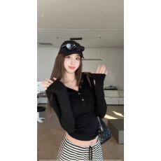 批发美式辣妹半开V领纽扣连帽长袖t恤女<b class='q'>夏</b>季白色修身短款亨利领上衣