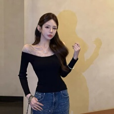 批发御姐风气质性感重工烫钻长袖上衣2025<b class='q'>秋</b>冬新款辣妹时尚打底衫女装
