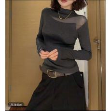 批发秋<b class='q'>冬</b>新款半高领网纱加绒修身显瘦打底衫T恤气质百搭女上衣