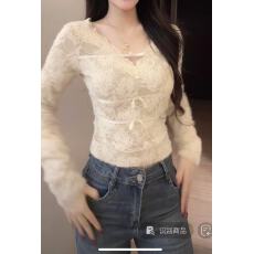 批发韩版辣妹收腰设计感显瘦蝴蝶结V领蕾丝打底衫女纯欲内搭<b class='q'>上衣</b>