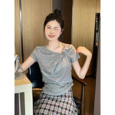 批发韩系灰色扭结正肩短袖T恤女2026夏季设计感独特漂亮不撞款小上衣
