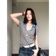 批发美式复古polo衫t恤女夏季撞色条纹正肩v领短袖修身显瘦高级感上衣