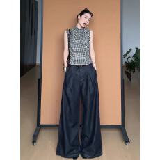 批发法式复古黑白格纹无袖上衣飘带设计收腰背心小衫