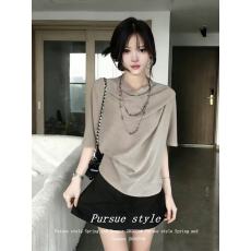 批发气质出众高级感蝙蝠袖t恤女夏季慵懒风针织短袖法式荡领上衣