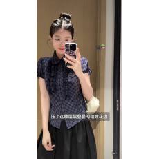 批发日系复古蓝色<b class='q'>格子衬衫</b>短袖女夏季木耳花边收腰衬衣显瘦泡泡袖上衣