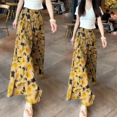 批发大码2025夏季碎花冰丝缎阔腿裤女薄款高腰宽松休闲垂感<b class='q'>雪纺</b>裙裤女