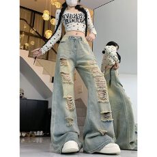 批发美式高街破洞牛仔裤女夏新款超火水洗做旧<b class='q'>高腰</b>垂感宽松阔腿裤子