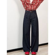 批发深蓝阔腿牛仔裤女潮流新款<b class='q'>高腰</b>显瘦宽松梨型身材好看设计感直筒裤