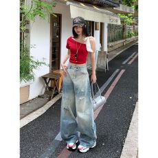 批发小众美式夏季薄款复古重工蓝色阔腿<b class='q'>牛仔裤</b><b class='q'>女</b>新款破洞<b class='q'>直筒</b>拖地裤子