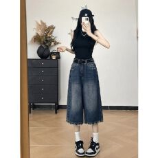 批发美式复古做旧毛边牛仔短裤<b class='q'>女</b>夏季高腰显瘦<b class='q'>直筒</b>阔腿拖地七分中裤子