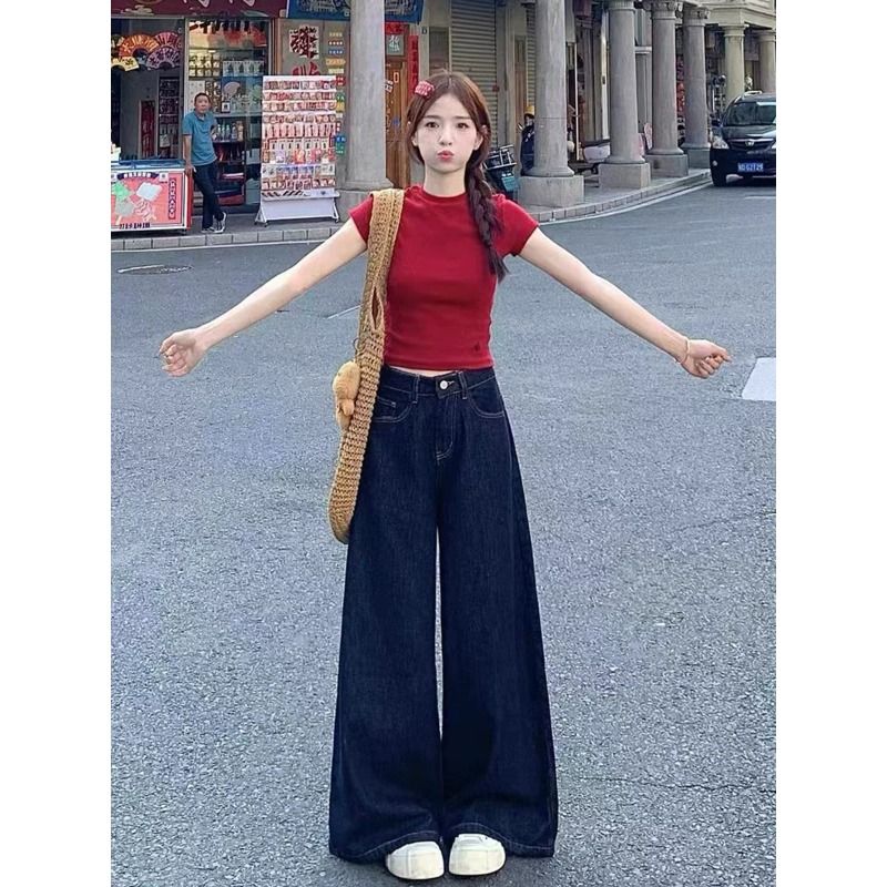 RY8431# 大码复古美式牛仔裤女2026秋季胖mm宽松高腰显瘦直筒阔腿拖地裤子