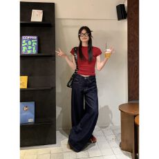 批发深蓝色直筒<b class='q'>牛仔裤</b>女秋季潮流新款小个子复古宽松<b class='q'>显瘦</b>阔腿裤裤子