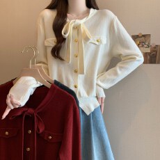 批发实拍大码法式秋冬小香风<b class='q'>短款</b>飘带针织衫女胖MM蝴蝶结系带打底衫