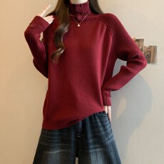 批发实拍新年红半高领纽扣纯色套头<b class='q'>毛衣</b>女胖MM<b class='q'>韩版</b>气质百搭打底上衣