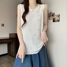 批发实拍无袖冰丝针织吊带背心女外穿夏季重工烫钻蝴蝶结打底百搭上衣