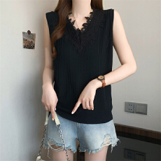 批发实拍黑色针织吊带背心女夏内搭蕾丝拼接坎肩无袖V领<b class='q'>百搭</b>打底上衣