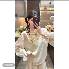 批发新款人丝刺绣提花 新中式盘扣衬衫➕<b class='q'>裤子</b>