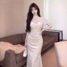 批发轻奢风鱼尾礼裙新中式立领蕾丝高腰垂感显瘦改良旗袍<b class='q'>长裙</b>
