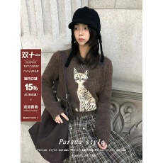 批发咖绒软糯美拉德咖色毛衣女秋<b class='q'>冬</b>猫咪提花圆领针织衫慵懒上衣t168