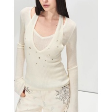 批发PRRM11790细闪挂脖假两件重工手缝亮片长袖上衣百搭<b class='q'>打底衫</b>