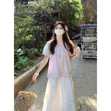 实拍大码~韩系彩扣圆领花边拼接短袖甜美小衫衬衣