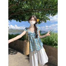 批发实拍大码~元气蓝格拼接蕾丝甜美V领收腰蓬蓬背心上衣