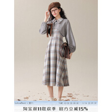 批发三寸藕【灰调格影】法式灰色格纹长袖连衣裙冬季<b class='q'>气质</b>收腰显瘦长裙