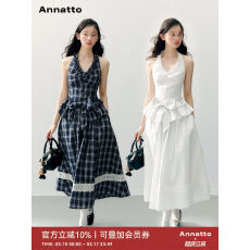 批发ANNATTO 仲夏夜 原创蝴蝶结挂脖荷叶边上衣蕾丝裙摆蓬感半裙套装