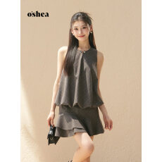 批发oshea 法式复古格子千金感<b class='q'>无袖</b>衬衫女2026新款夏背心上衣短裙套装