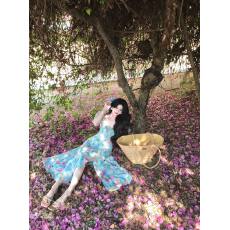 Flower Yuan3.31晚8法式乔其雪纺连衣裙泡泡袖鱼骨收腰显瘦裙