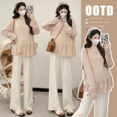 批发实拍 2026春日新款 日系慵懒花边下摆粉色长袖T恤针织衫 孕妇装