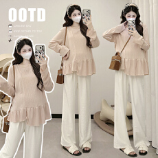 批发实拍 2026春日新款 日系慵懒花边下摆粉色长袖T恤针织衫 孕妇装