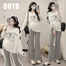 批发实拍 2026新款长袖减龄<b class='q'>T</b><b class='q'>恤</b>设计感上衣＋波点喇叭<b class='q'>裤</b>子两件套孕妇<b class='q'>装</b>