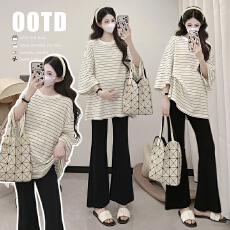 批发实拍 2026新款春慵懒显瘦别致喇叭袖条纹<b class='q'>T</b><b class='q'>恤</b>＋高腰修腿喇叭<b class='q'>裤</b><b class='q'>套装</b>