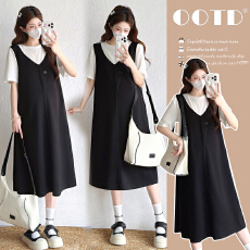 批发实拍 夏季新品2026撞色拼接假两件孕妇连衣裙 简单<b class='q'>休闲</b>减龄气质款