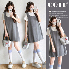 批发实拍夏季新品2026韩系灰色小个子假两件减龄花苞裙宽松<b class='q'>休闲</b>孕妇款