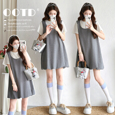 批发实拍夏季新品2026韩系灰色小个子假两件减龄花苞裙宽松<b class='q'>休闲</b>孕妇款