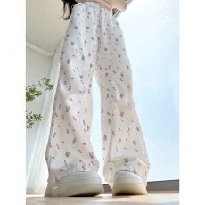 批发白色<b class='q'>碎花</b><b class='q'>阔腿裤</b>女夏季薄款2024新款高腰直筒休闲显瘦运动长<b class='q'>裤</b>
