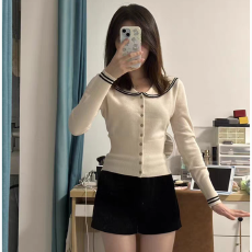 批发海军领针织开衫女初秋早秋季小香风显瘦翻领毛衣外套上衣春秋