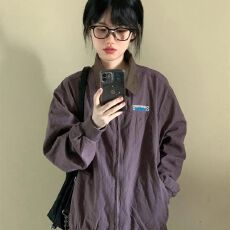 批发美式紫色棒球服外套女款秋季2025小个子刺绣翻领复古工装夹克上衣