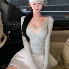 批发人棉270克纯欲担当真两件蕾丝褶皱<b class='q'>背心</b>长袖上衣