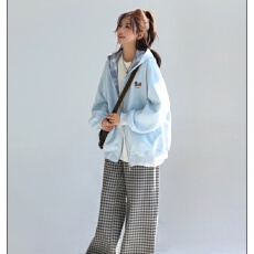 批发韩系格子拼接腊肠狗刺绣<b class='q'>外套</b>女春秋慵懒宽松卫衣开衫