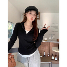 人棉260克92人棉8安纶欧美风半高领假两件长袖T恤女春款上衣