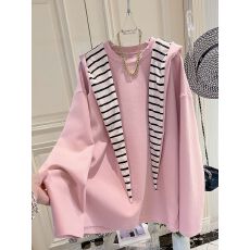 批发【21支纯棉+条纹布】大码女装条纹拼接连帽长袖T恤女