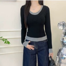 批发设计感长袖紧身T恤女早秋季2025新款<b class='q'>假两件</b>v领韩系 别致小<b class='q'>上衣</b>