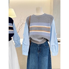 批发设计感小众假两件拼接条纹针织衫女秋季新款长袖<b class='q'>衬衫</b>上衣