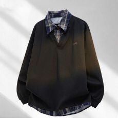 批发纯棉华棉薄/厚 字母刺绣拼接格子<b class='q'>衬衫</b>领假两件休闲复古卫衣