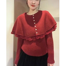 批发法式复古甜美<b class='q'>蕾丝</b>花边拼接斗篷披肩针织打底衫毛衣两件<b class='q'>套装</b>女秋冬