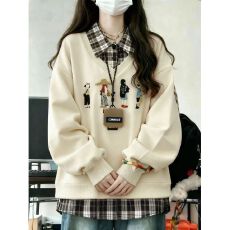 批发纯棉华棉复银狐绒 刺绣 假两件翻领拼接<b class='q'>衬衫</b>设计感卫衣